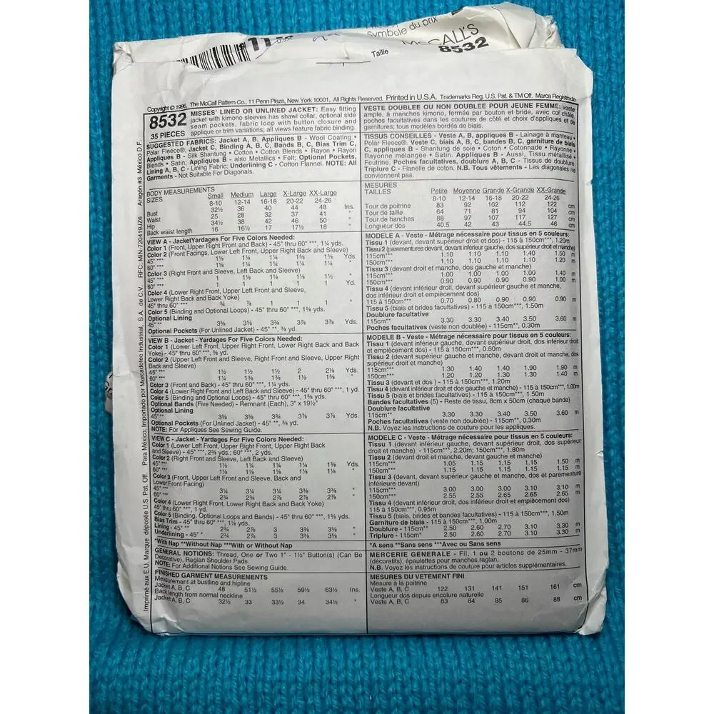 McCalls 8532 Sewing pattern Palmer Pletsch jacket oversized patchwork size 16 18